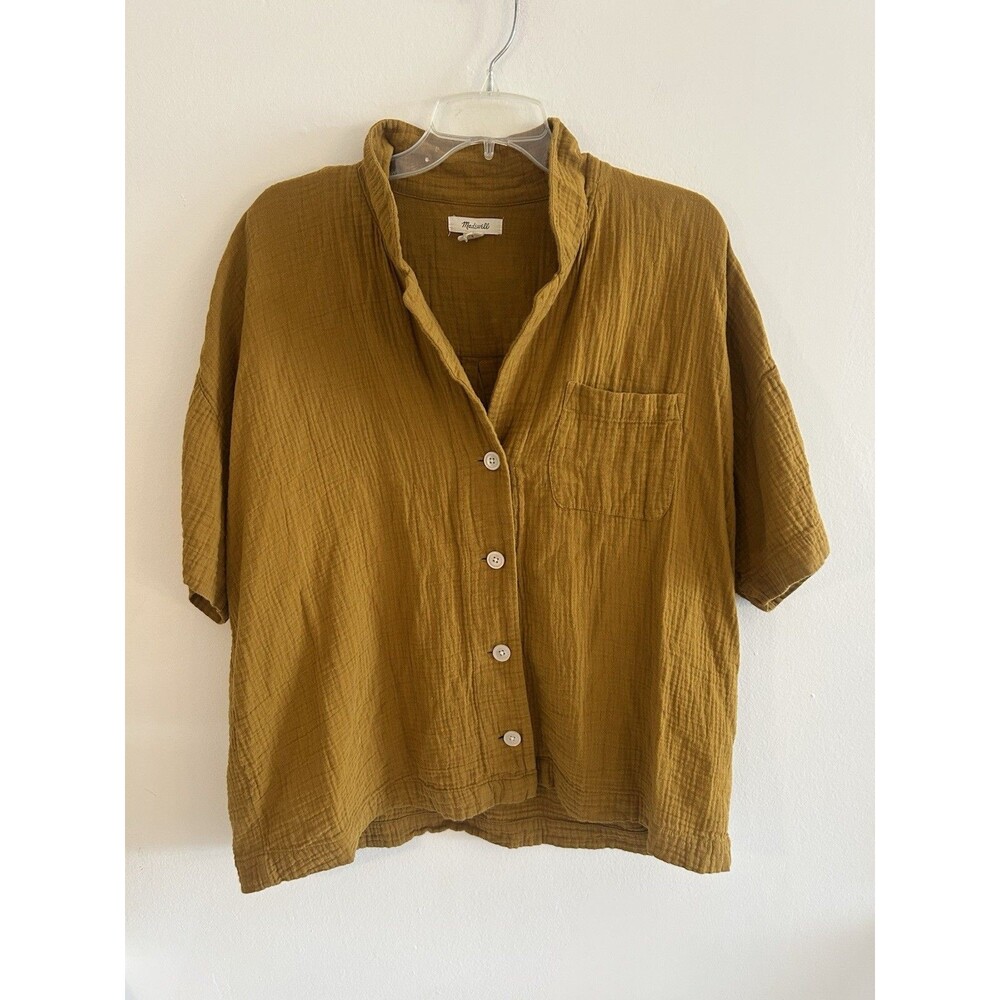 Madewell Women Gauze Button Down Shirt Top XL Mustard Yellow Coastal Beachy - Picture 2 of 8
